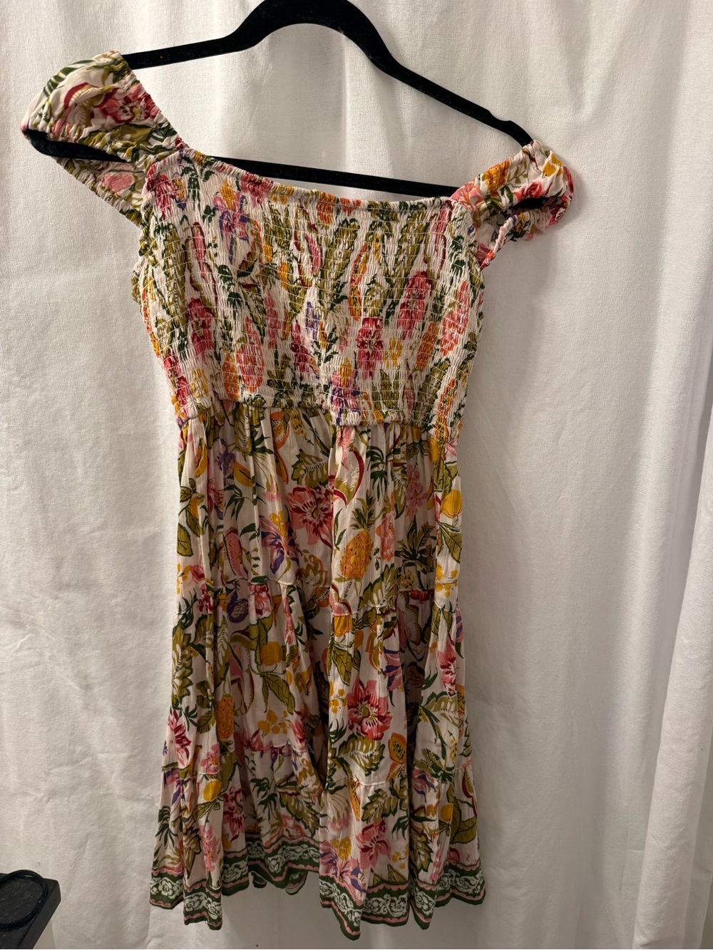 Angie Floral Smocked Mini Dress in Cream with Green & Pink Accents - Picture 3 of 3